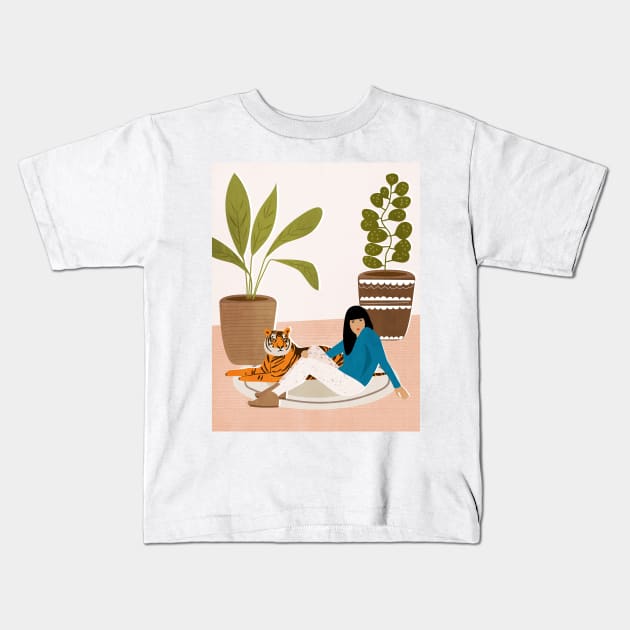 Girl and tiger Kids T-Shirt by grafart